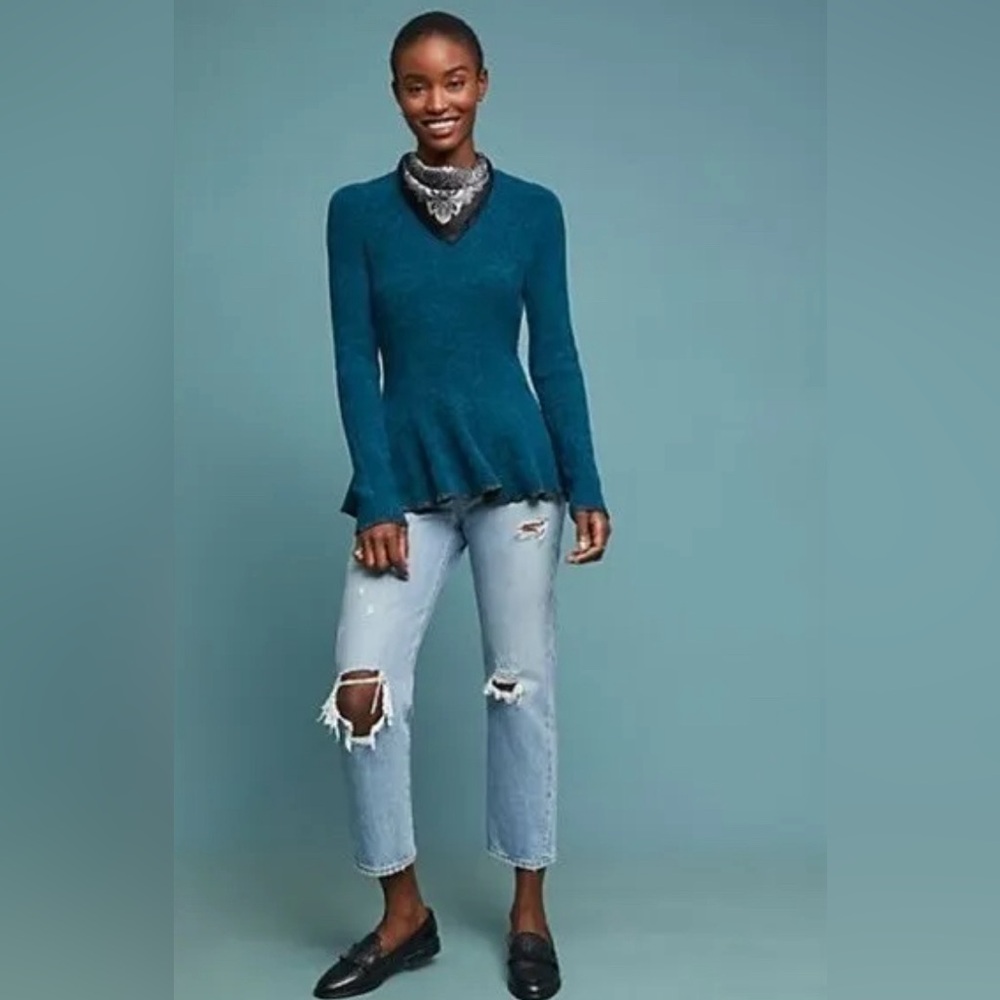 Anthropologie Turquoise Peplum Chenille Sweater